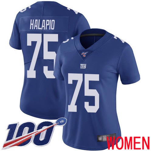 Women New York Giants 75 Jon Halapio Royal Blue Team Color Vapor Untouchable Limited Player 100th Season Football NFL Jersey
